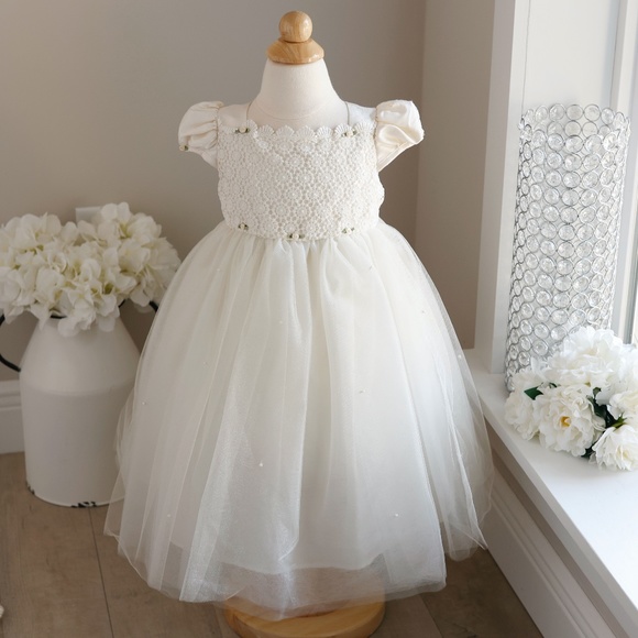 Dupioni Silk Dress Ivory Tulle Crocheted Lace Size 4T Flower Girl NWT GORGEOUS - Picture 1 of 9